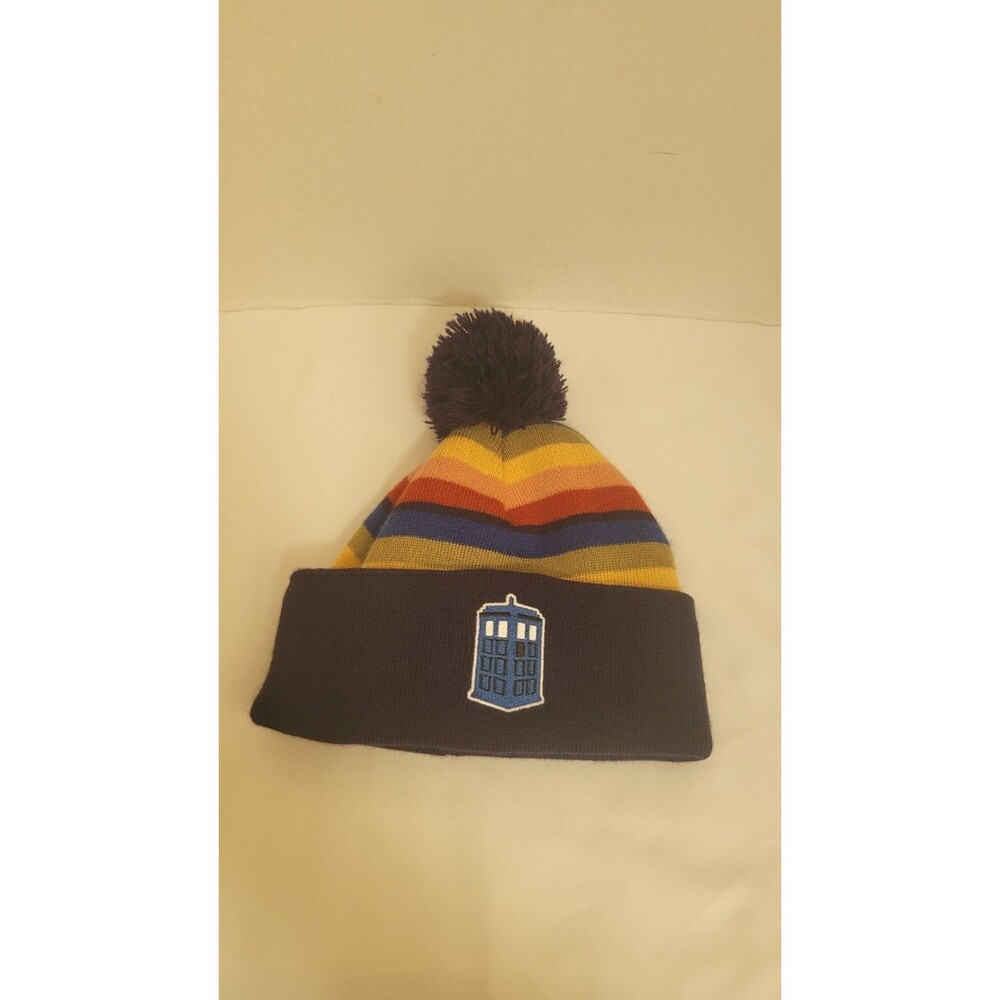 Doctor Who TARDIS Pom Beanie Hat Acrylic Knit Striped Blue Multi One Size